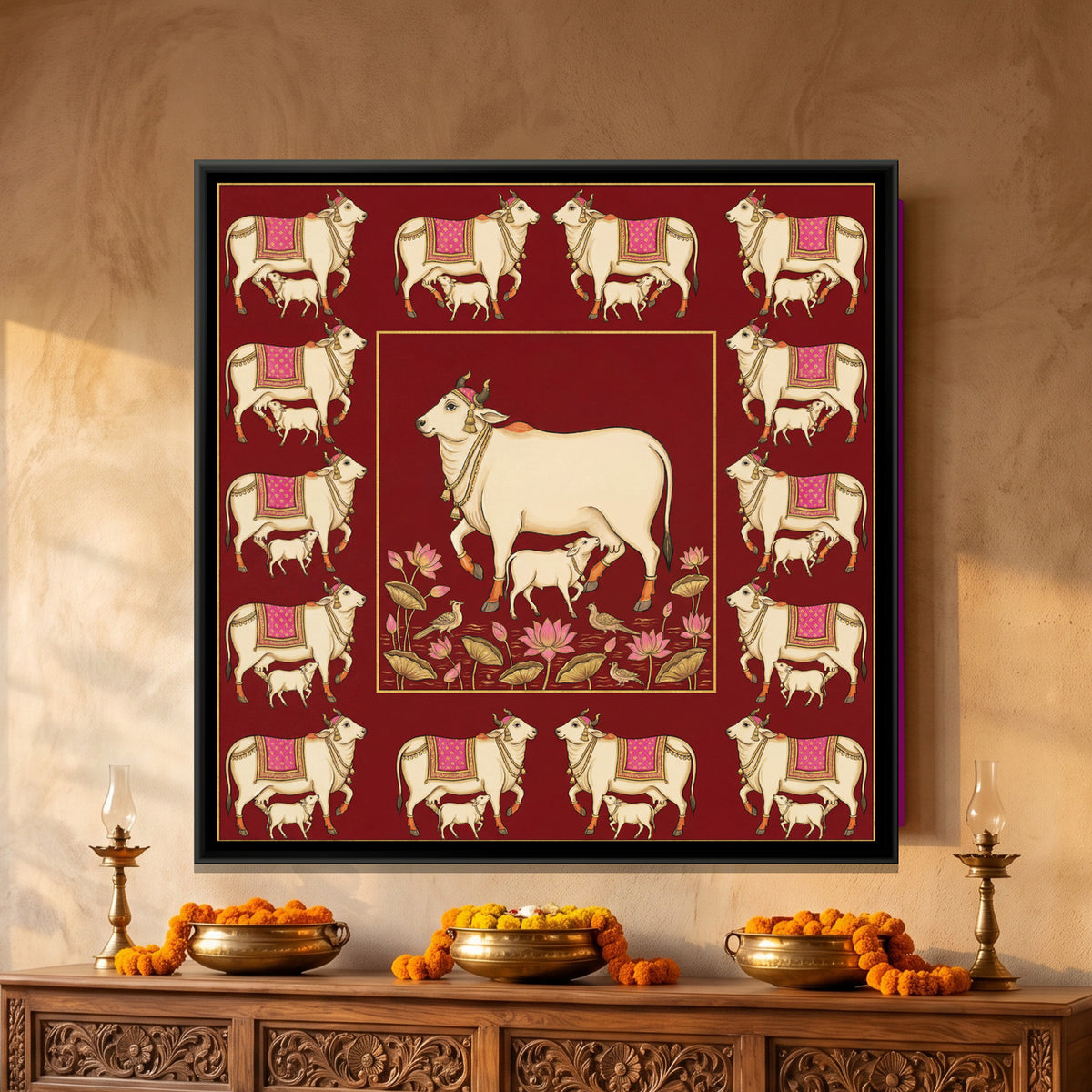 Pichwai Cow and Calf — framed canvas art hung on a wall