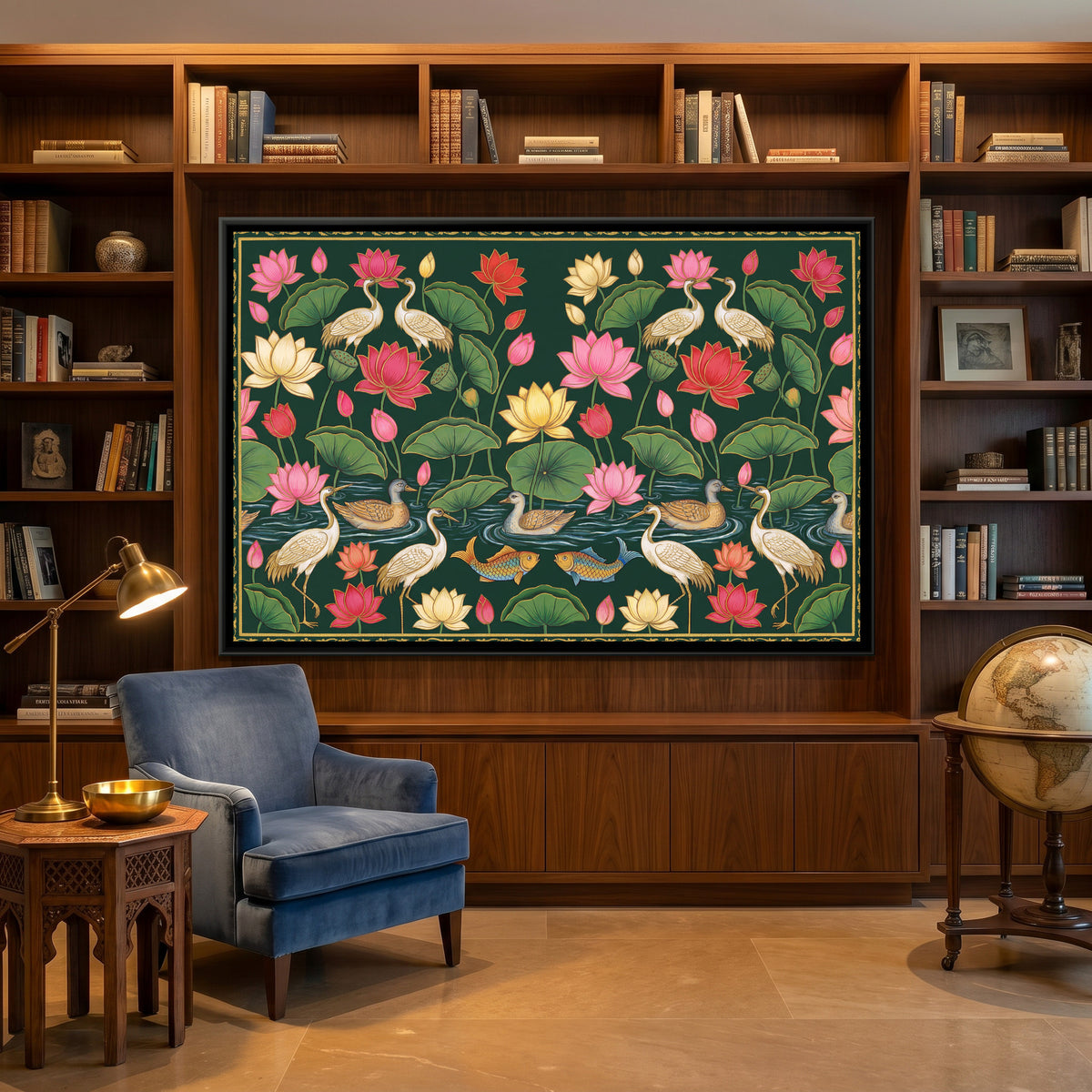 Pichwai Lotus Pond — canvas art shown in a styled room