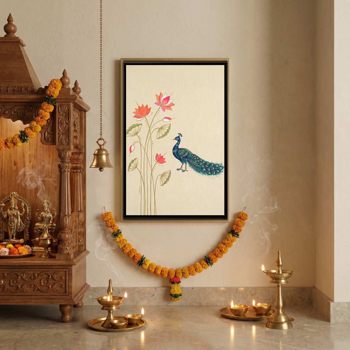 Pichwai Peacock and Lotus — canvas art shown in a styled room