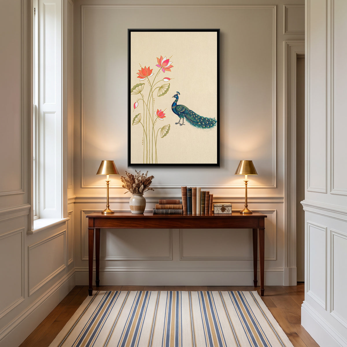 Pichwai Peacock and Lotus — canvas art shown in a second room setting