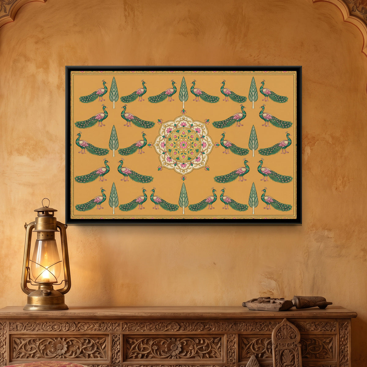 Pichwai Peacocks — framed canvas art hung on a wall