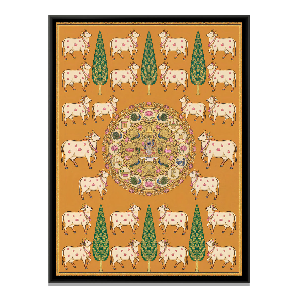 Pichwai Cows — framed canvas print, front view