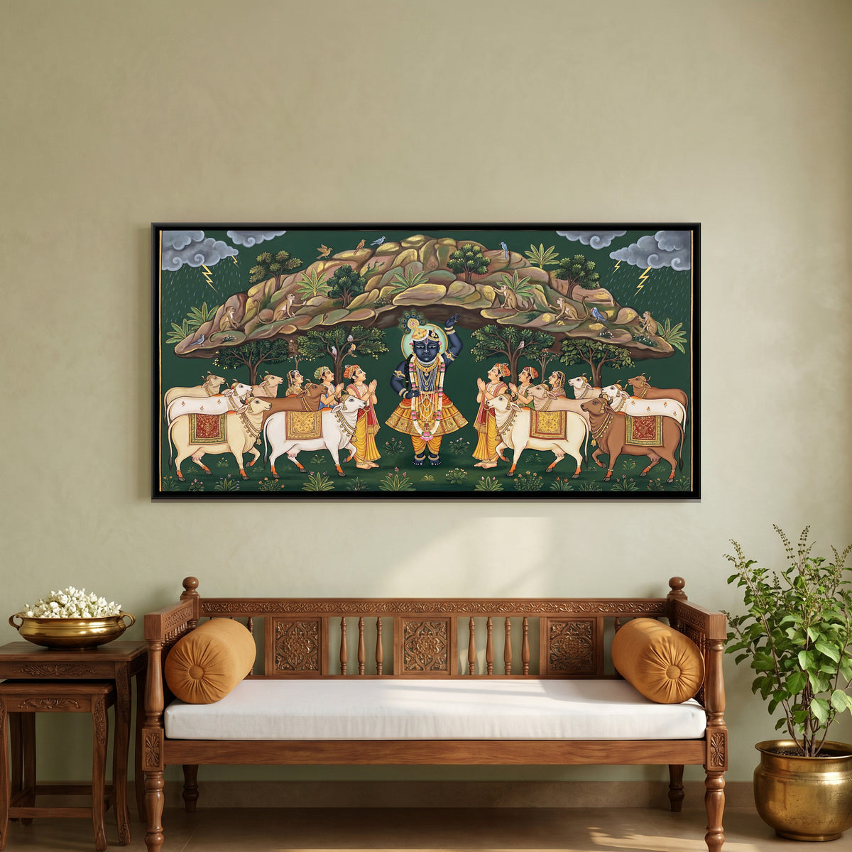 Shrinathji Govardhan Leela — framed canvas art hung on a wall