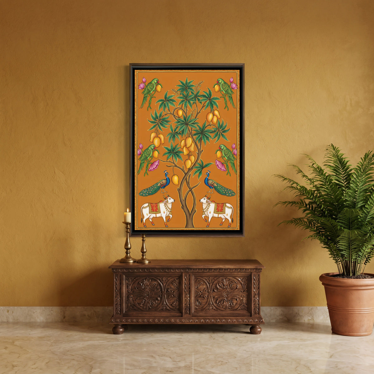 Pichwai Mango Tree — canvas art shown in a styled room