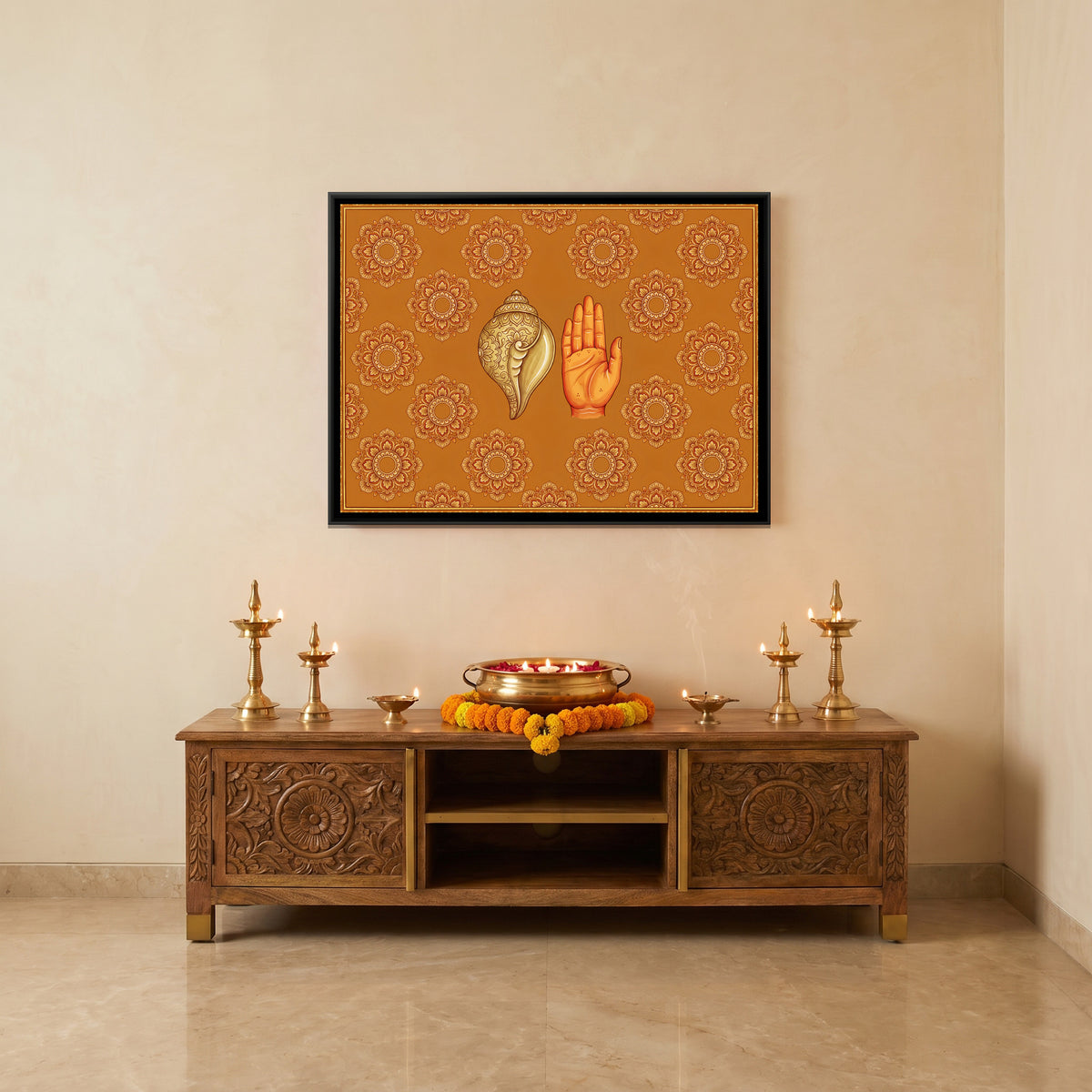 Shankh and Blessing Hand — canvas art shown in a styled room