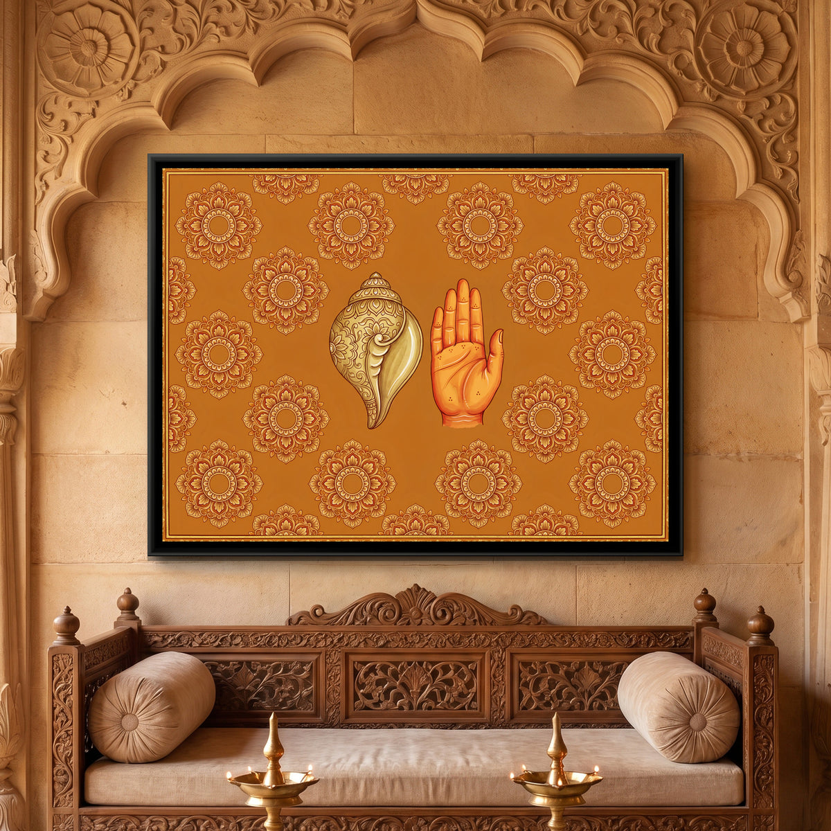 Shankh and Blessing Hand — framed canvas art hung on a wall