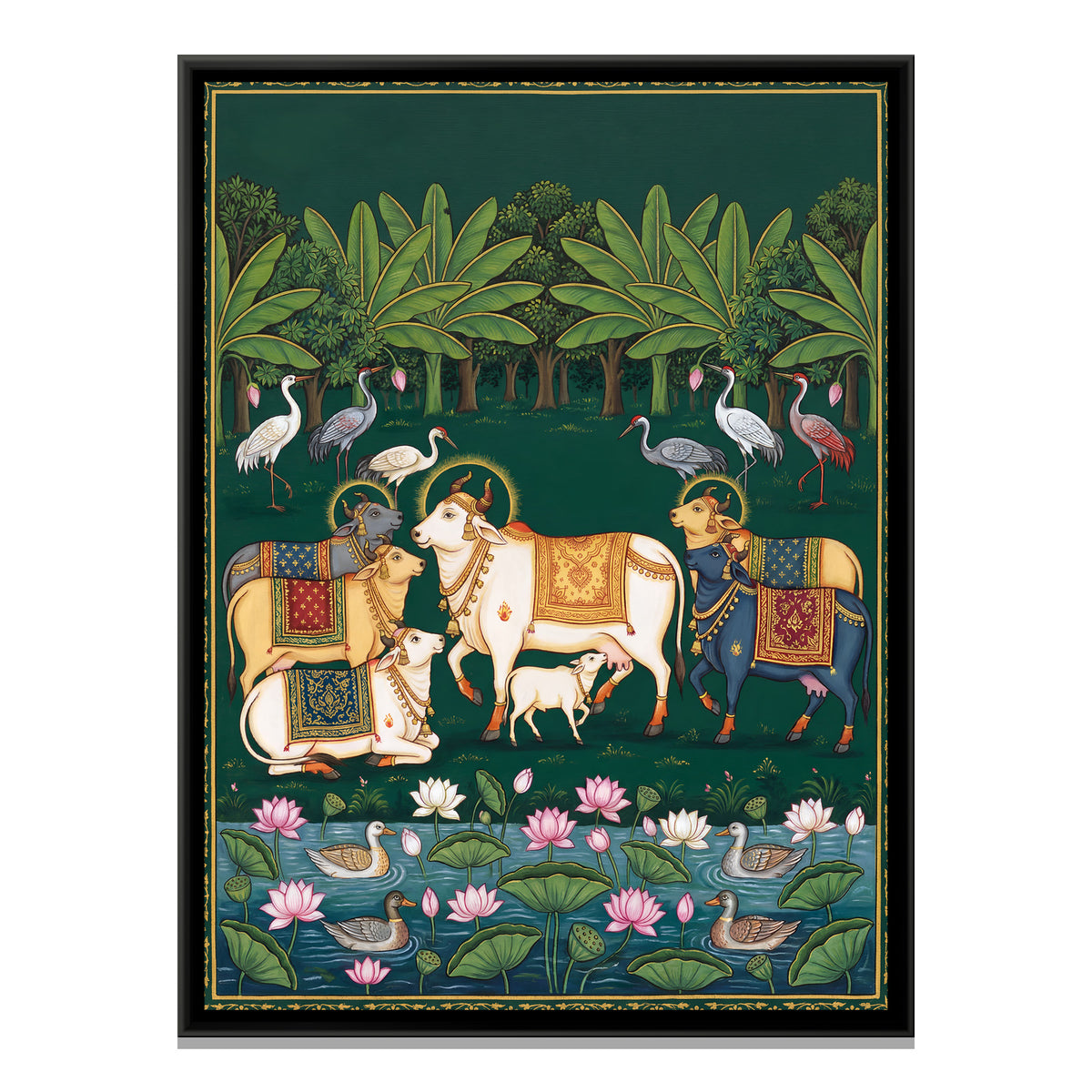 Pichwai Cows by the Lotus Pond — framed canvas print, front view