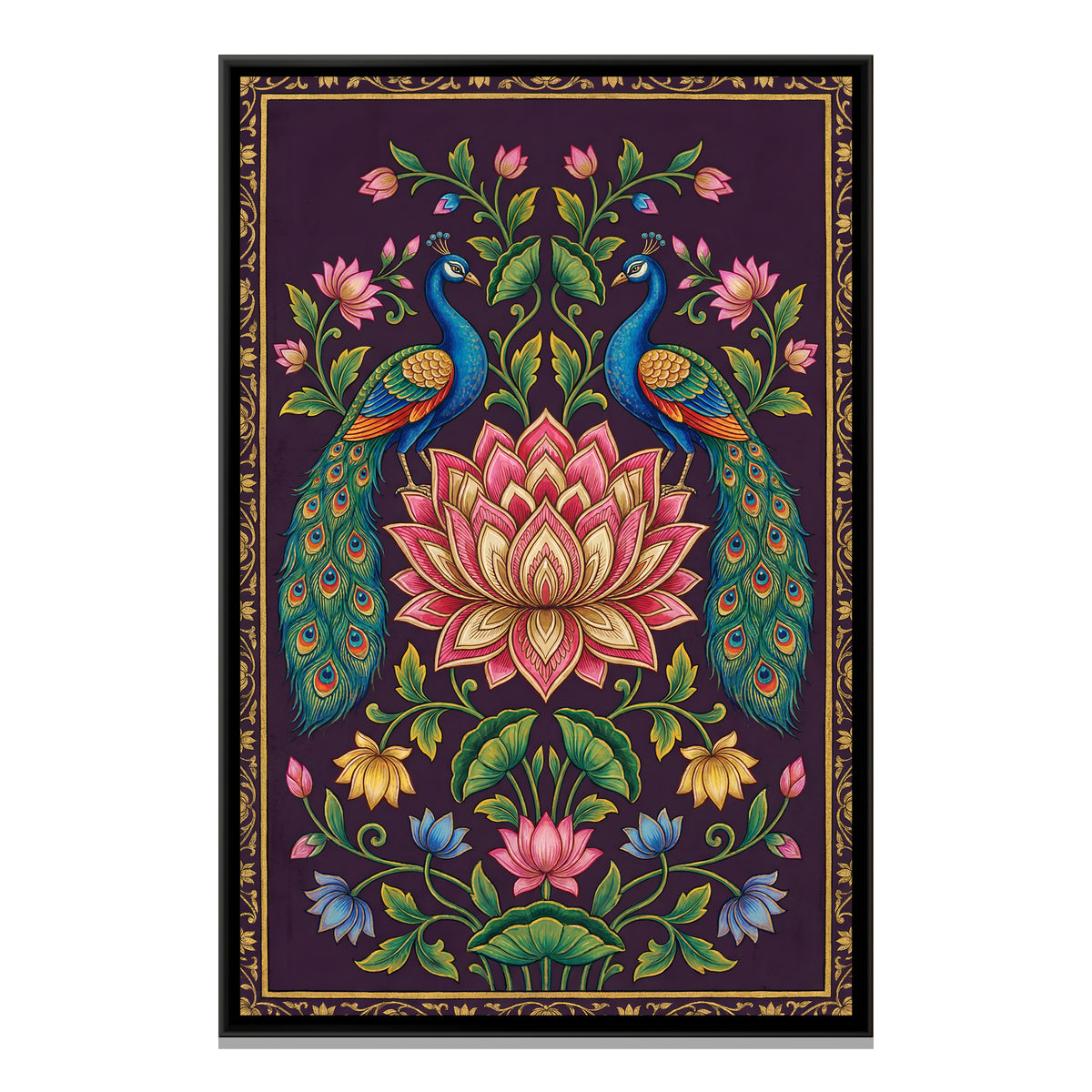Pichwai Peacocks and Lotus — framed canvas print, front view