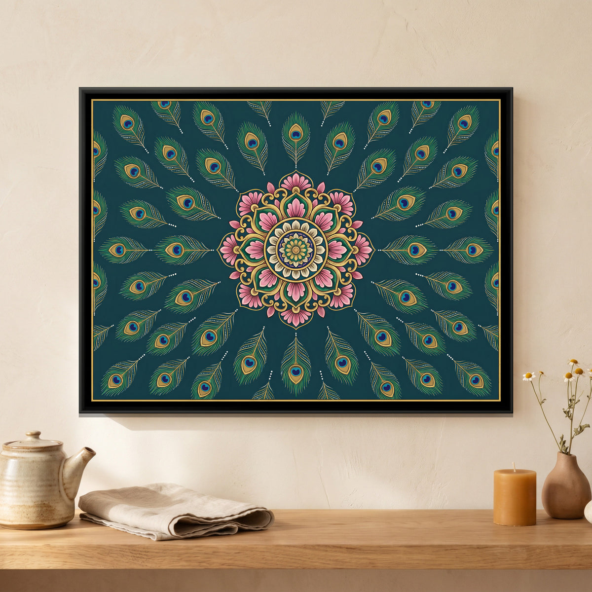 Peacock Feather Mandala — canvas art shown in a second room setting