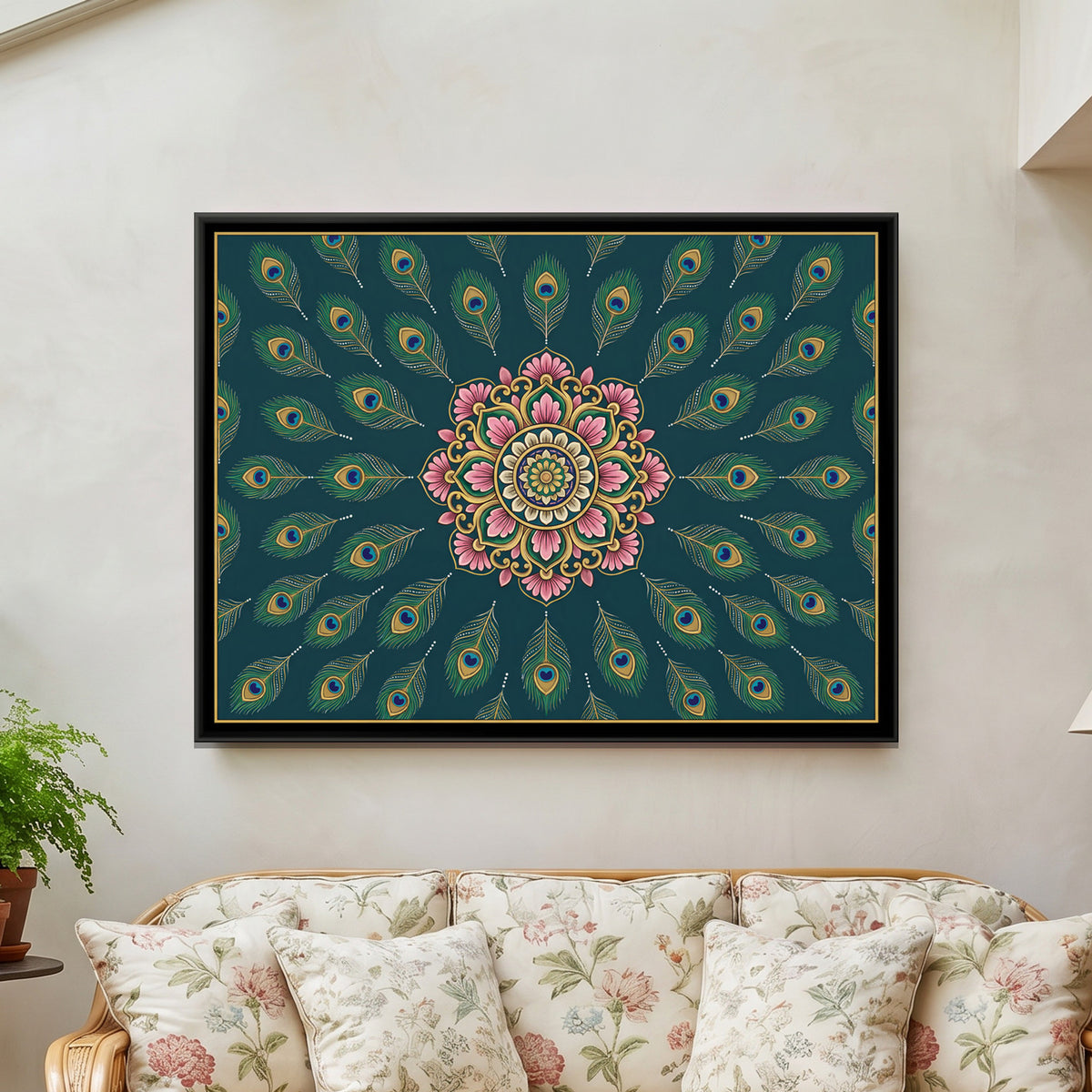 Peacock Feather Mandala — framed canvas art hung on a wall