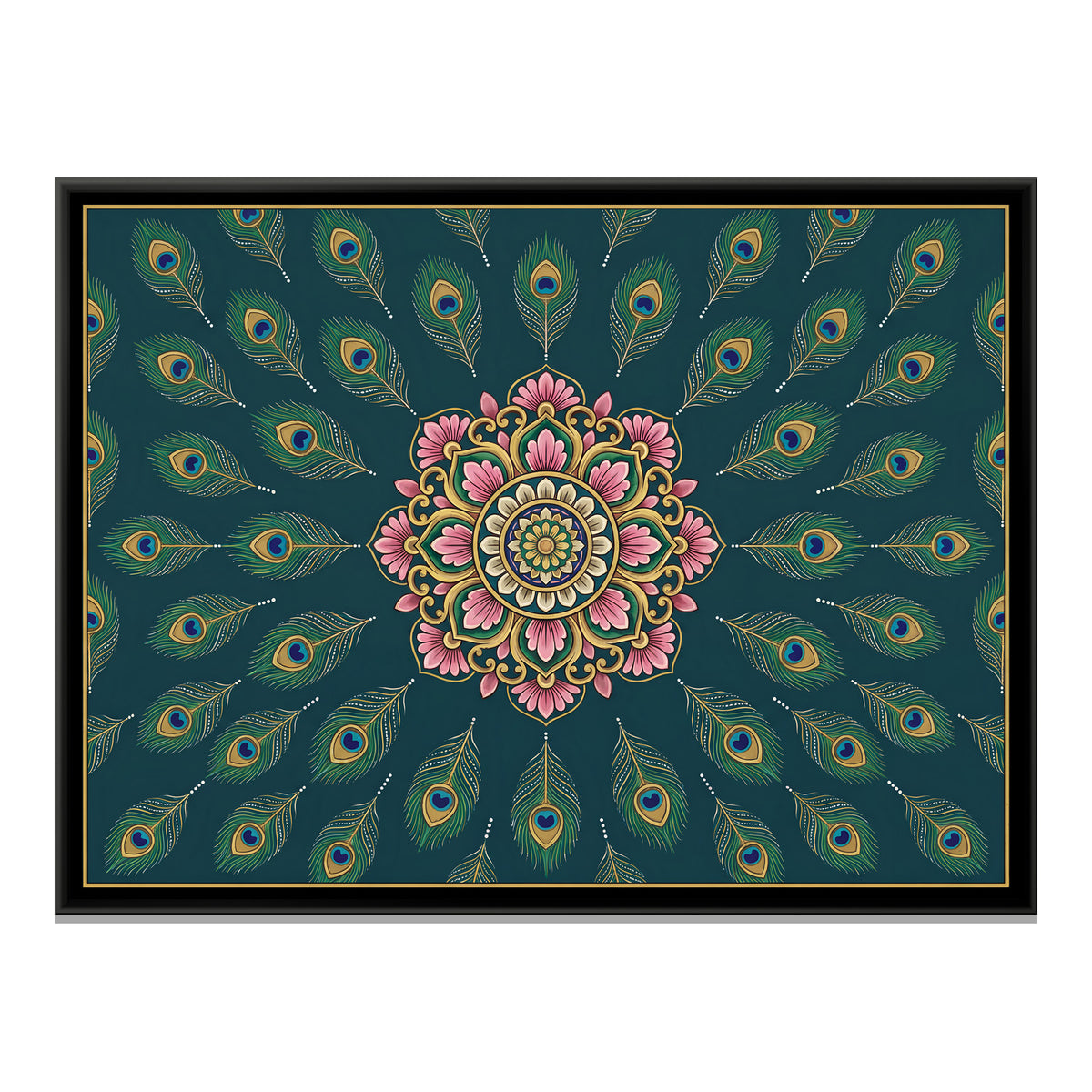 Peacock Feather Mandala — framed canvas print, front view