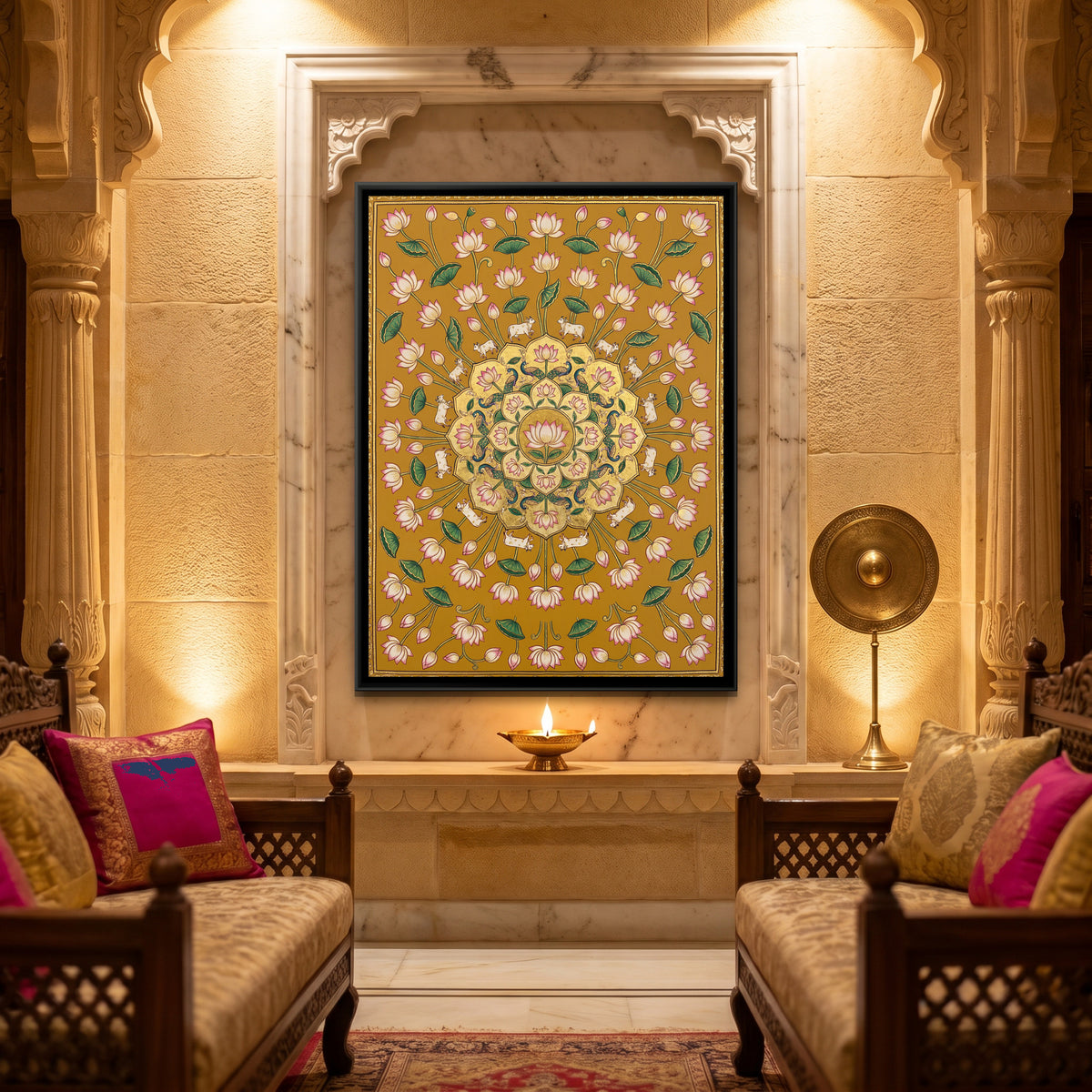 Pichwai Lotus and Cows — canvas art shown in a styled room