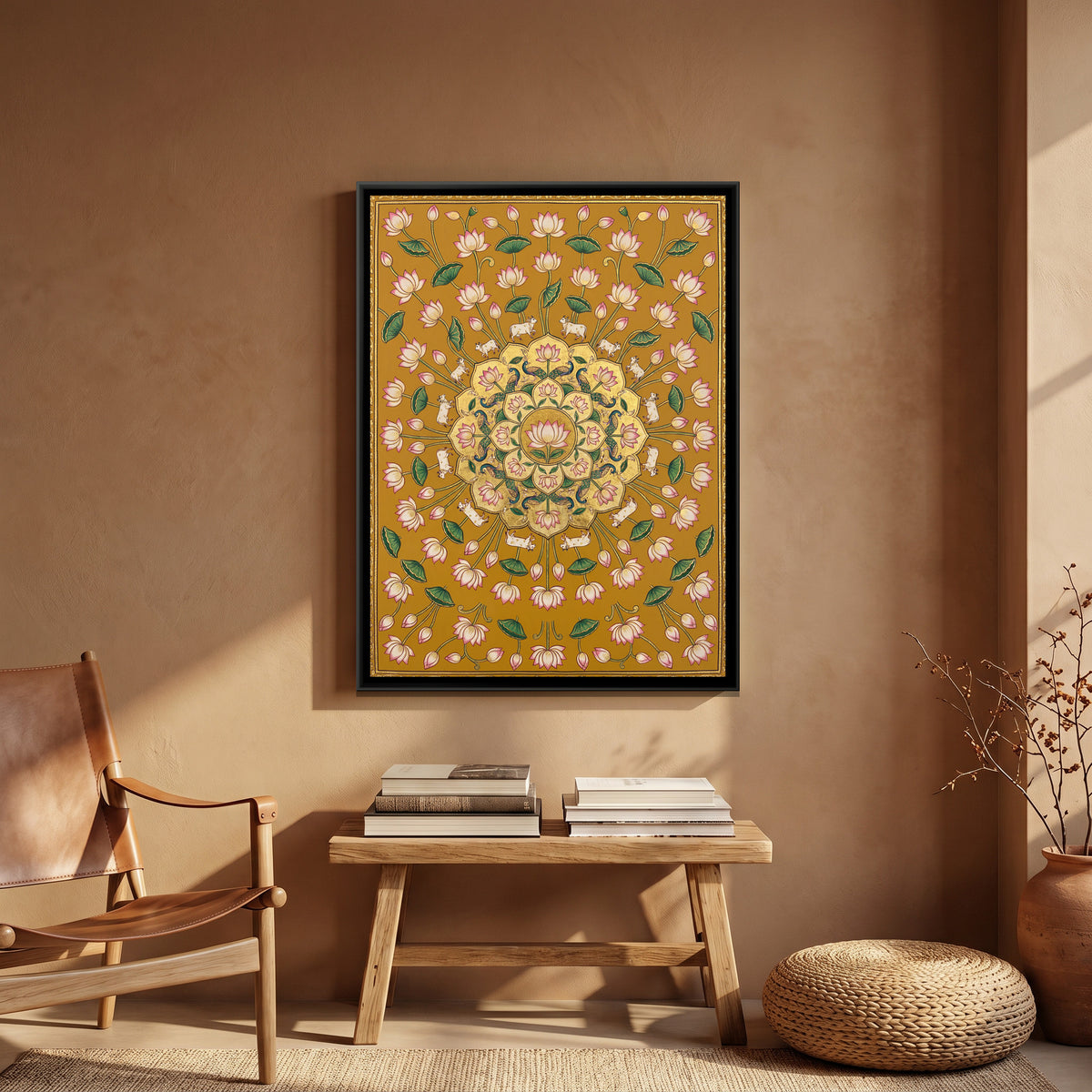 Pichwai Lotus and Cows — canvas art shown in a second room setting