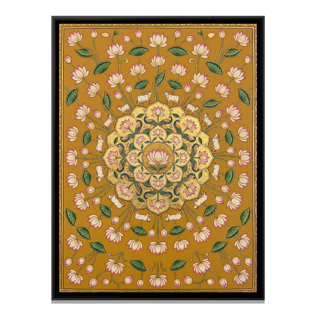 Pichwai Lotus and Cows — framed canvas print, front view