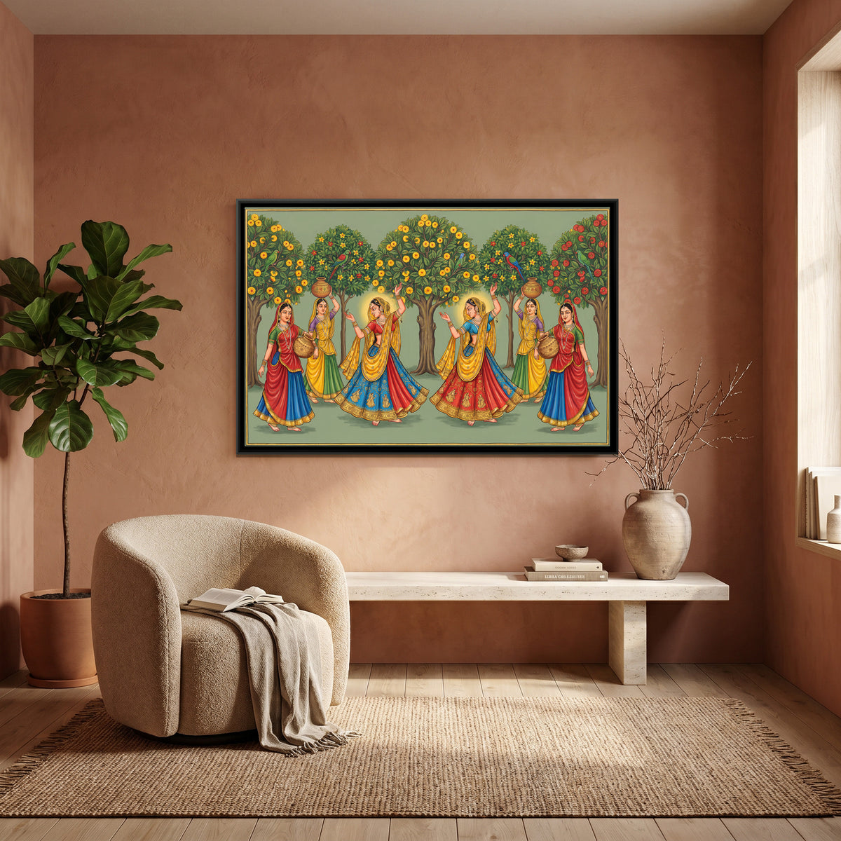 Pichwai Gopis — canvas art shown in a second room setting