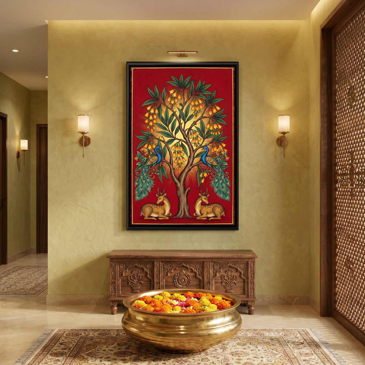 Pichwai Peacocks and Deer — canvas art shown in a styled room