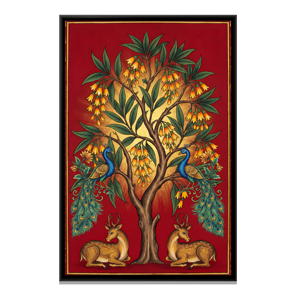 Pichwai Peacocks and Deer — framed canvas print, front view