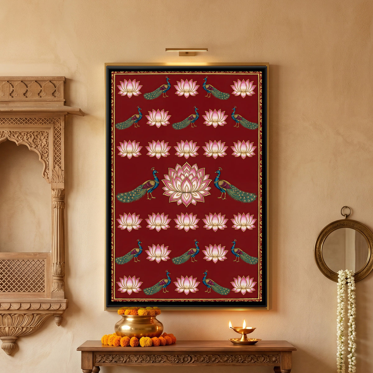 Pichwai Lotus and Peacocks — framed canvas art hung on a wall