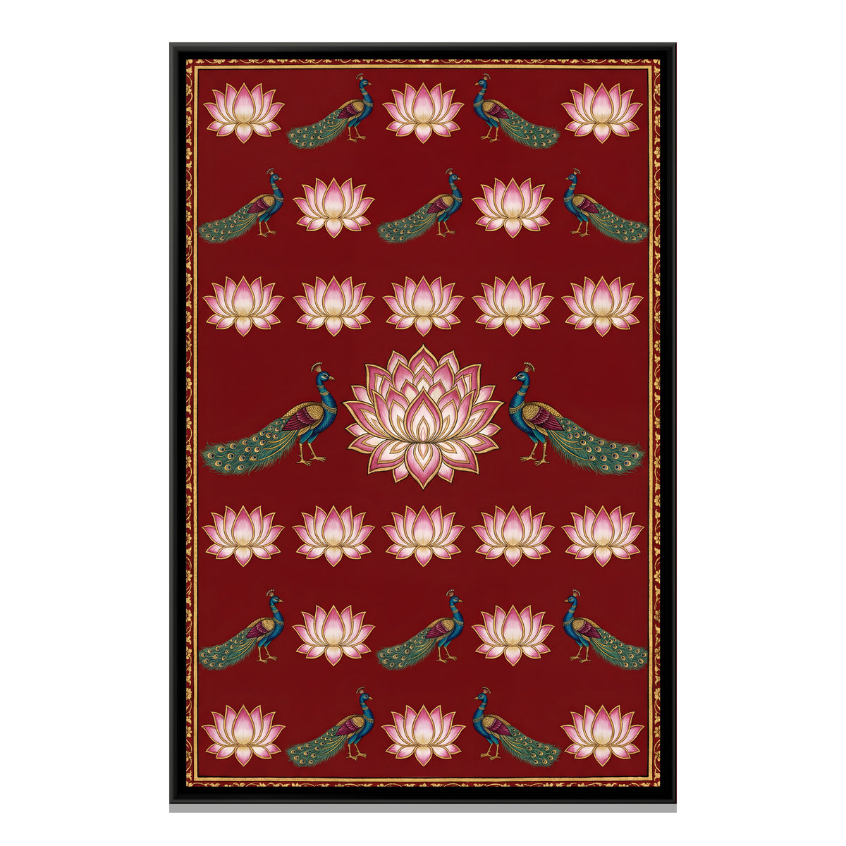 Pichwai Lotus and Peacocks — framed canvas print, front view