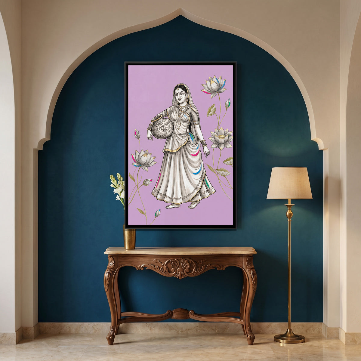 Pichwai Gopi — canvas art shown in a styled room