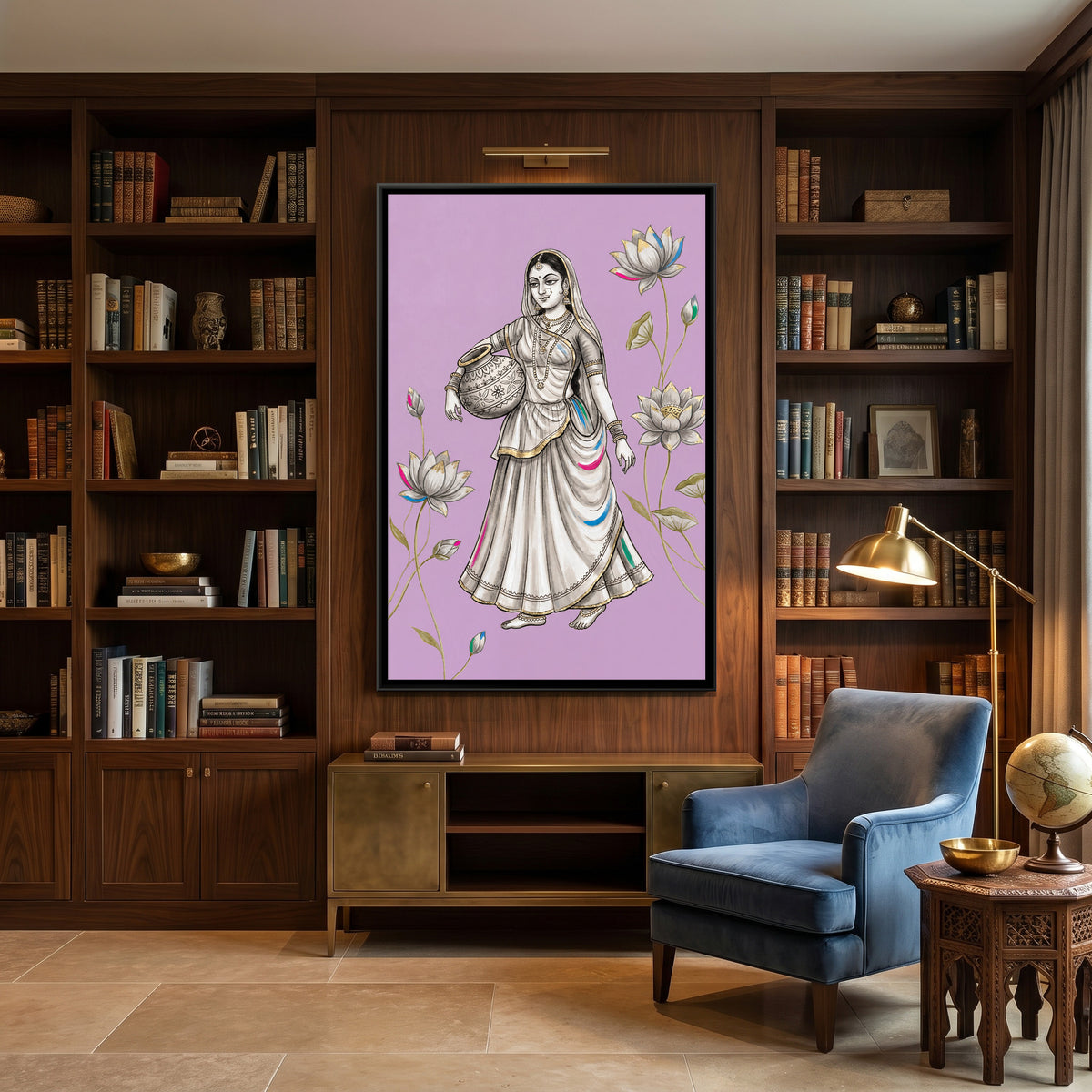 Pichwai Gopi — canvas art shown in a second room setting