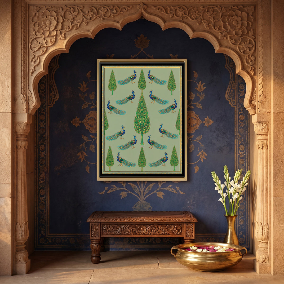 Pichwai Peacocks and Cypress — canvas art shown in a styled room