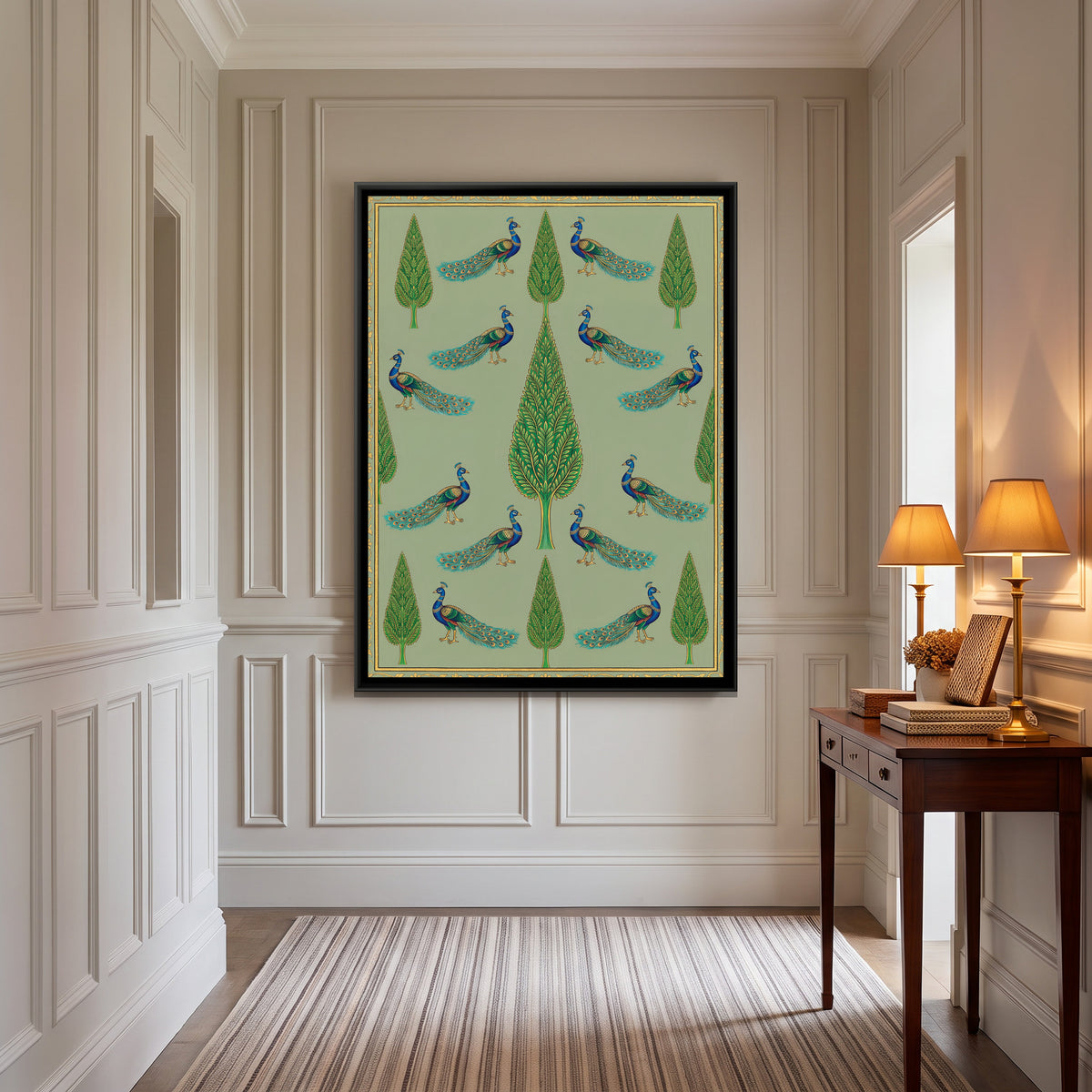Pichwai Peacocks and Cypress — canvas art shown in a second room setting