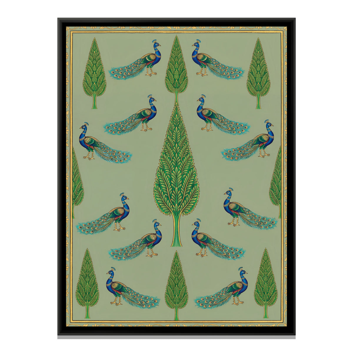 Pichwai Peacocks and Cypress — framed canvas print, front view