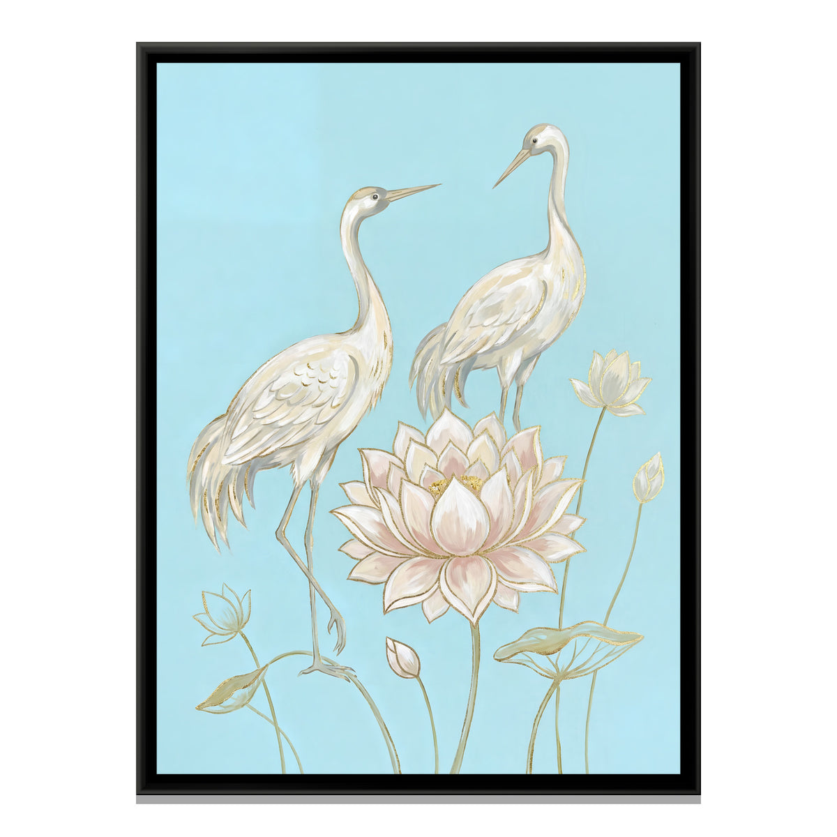 White Cranes and Lotus — framed canvas print, front view