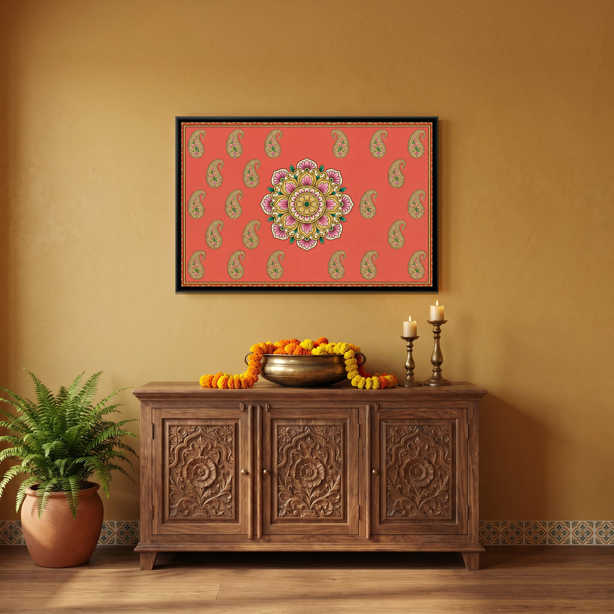 Pichwai Paisley Mandala — canvas art shown in a styled room