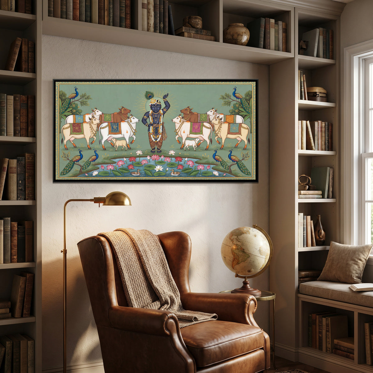 Pichwai Shrinathji with Cows — canvas art shown in a styled room