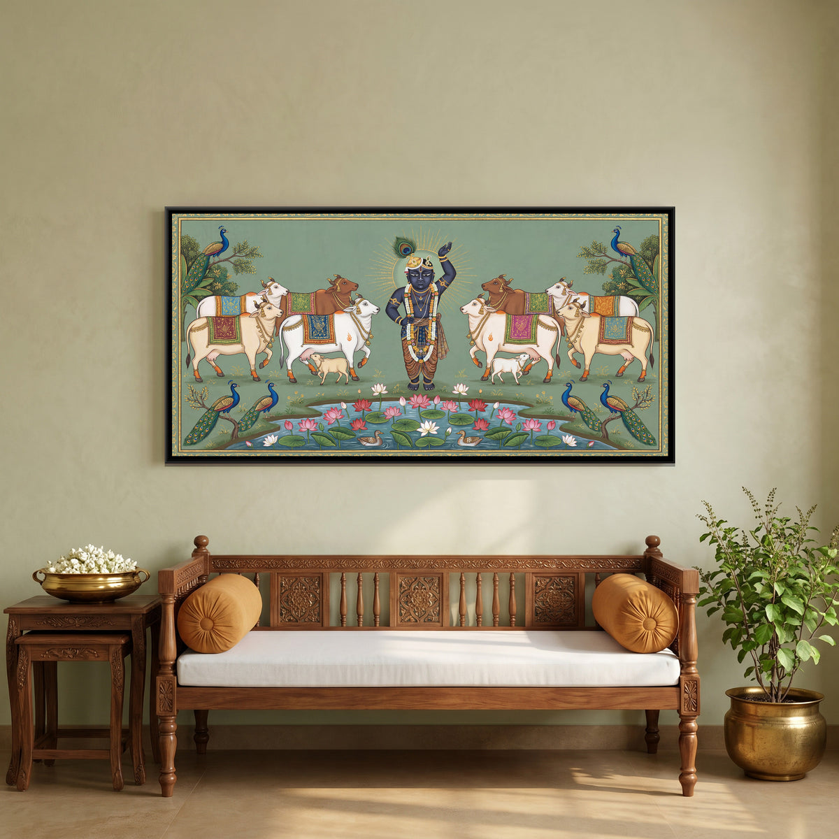 Pichwai Shrinathji with Cows — canvas art shown in a second room setting