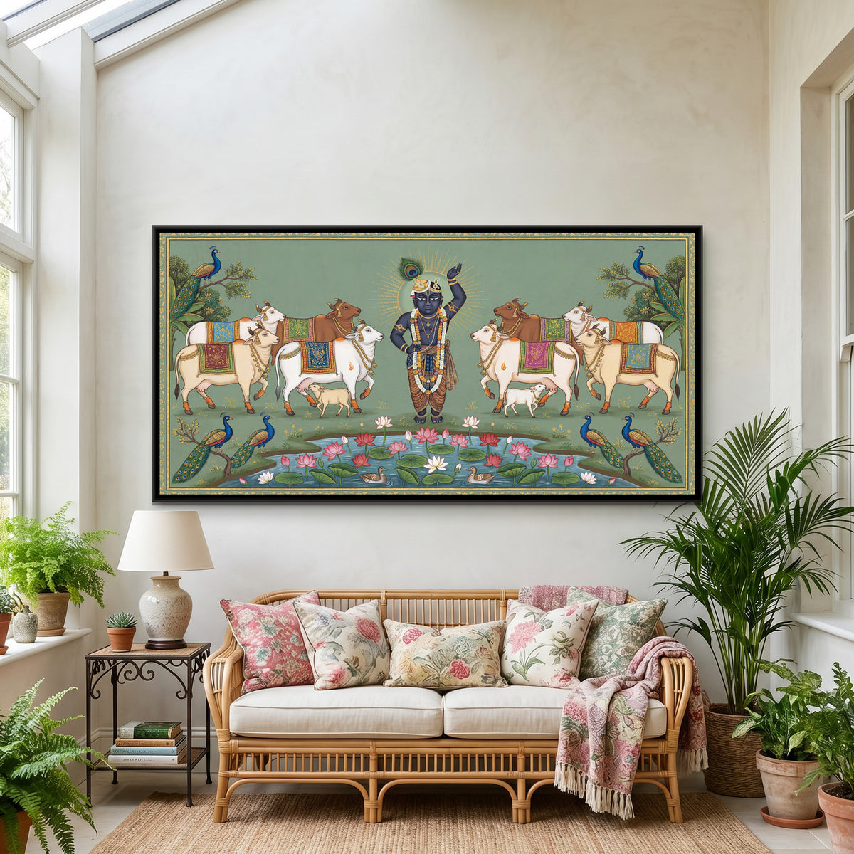 Pichwai Shrinathji with Cows — framed canvas art hung on a wall
