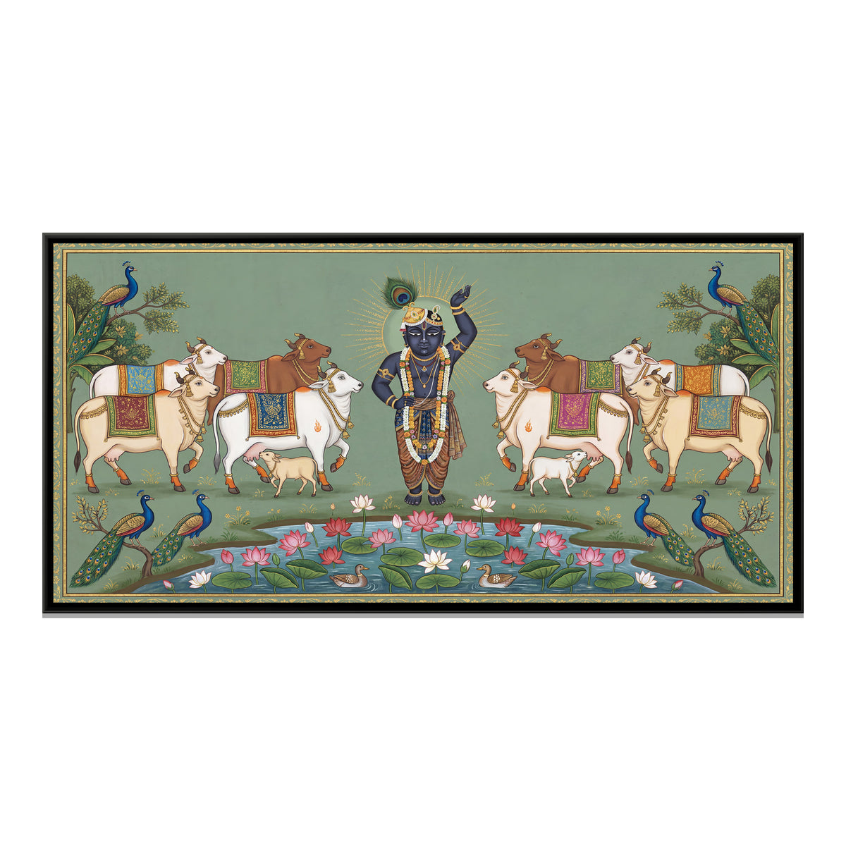 Pichwai Shrinathji with Cows — framed canvas print, front view
