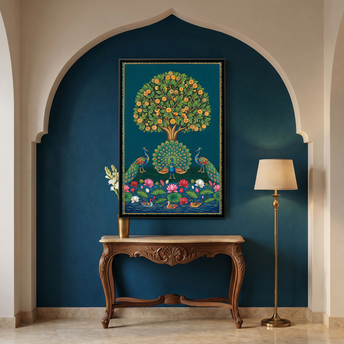 Pichwai Peacock Garden — canvas art shown in a styled room