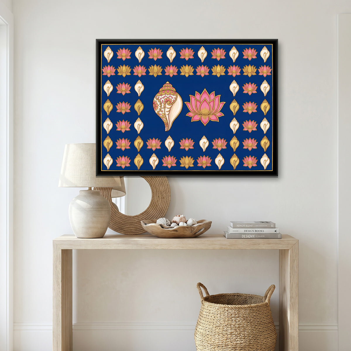 Pichwai Conch and Lotus — canvas art shown in a styled room