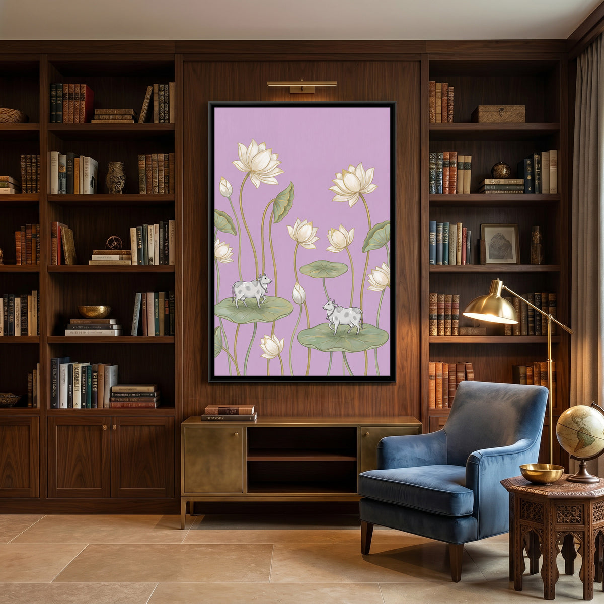 Pichwai Cows and Lotus — canvas art shown in a second room setting