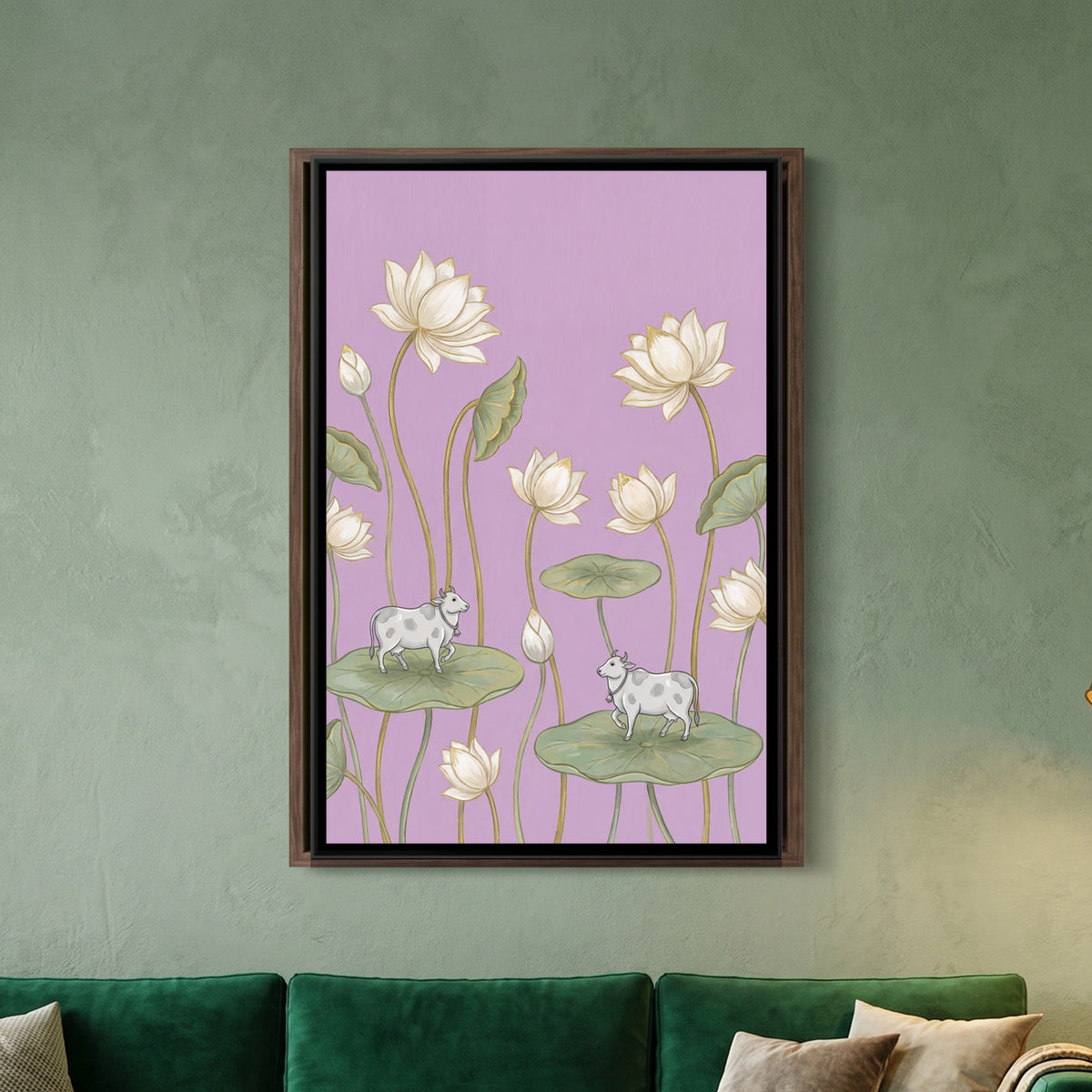 Pichwai Cows and Lotus — framed canvas art hung on a wall