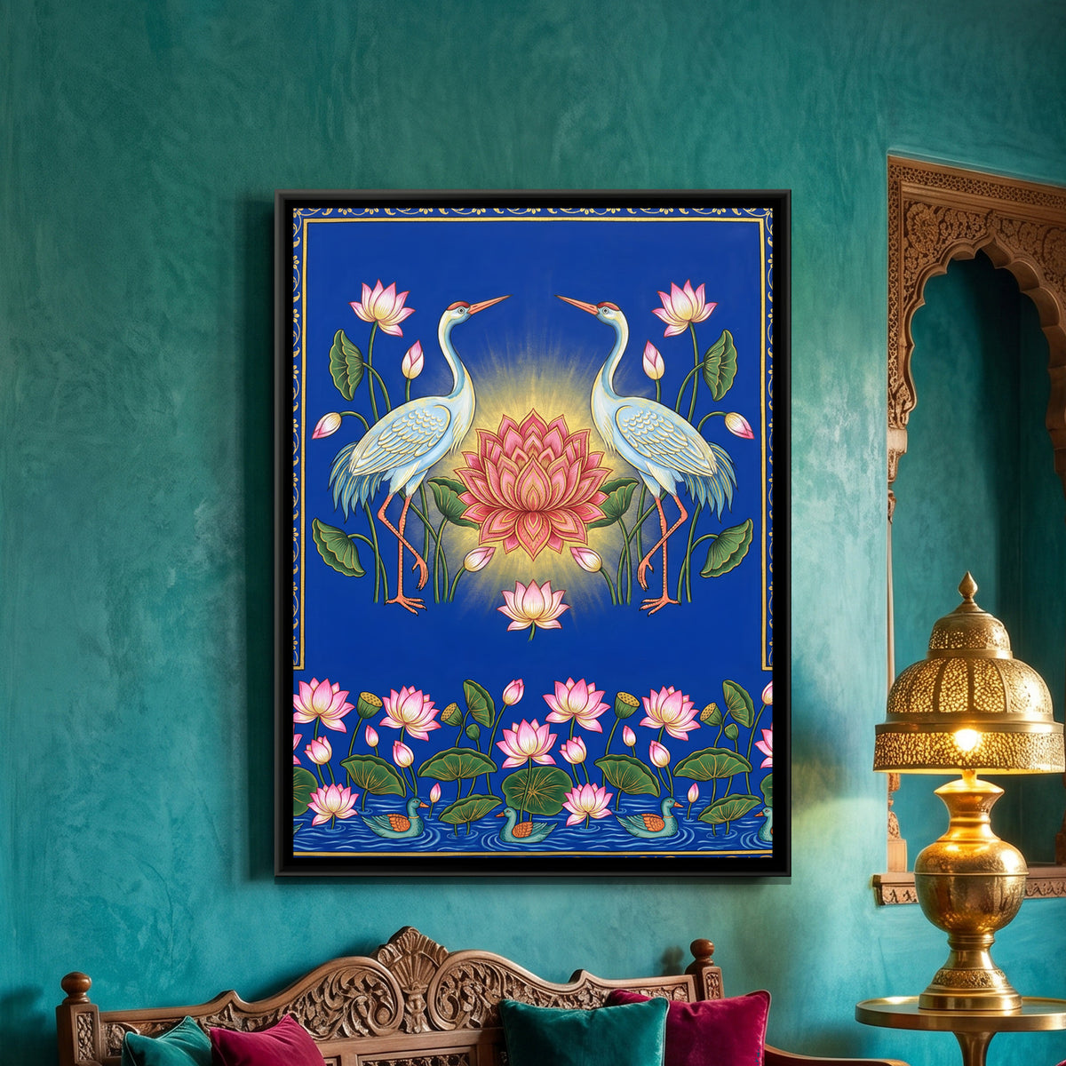 Pichwai Blue Lotus Pond — framed canvas art hung on a wall