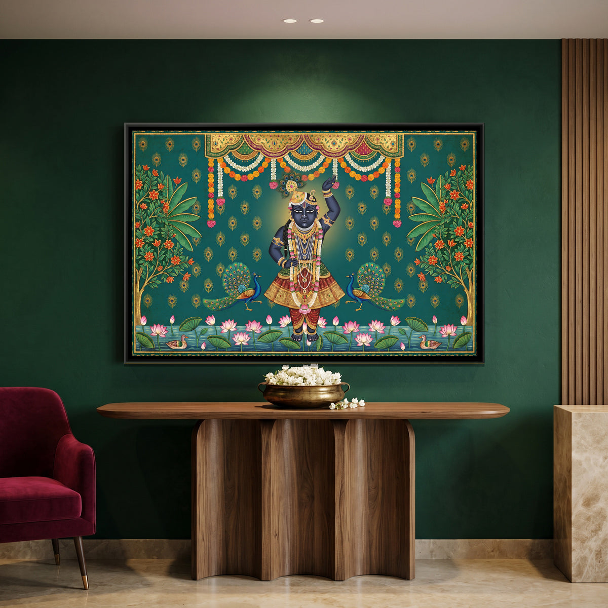 Pichwai Shrinathji — canvas art shown in a second room setting