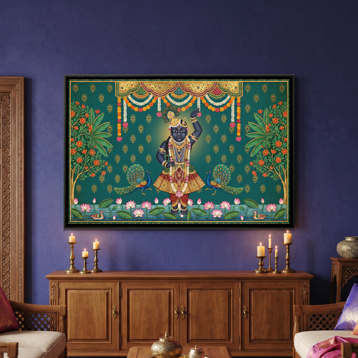Pichwai Shrinathji — framed canvas art hung on a wall