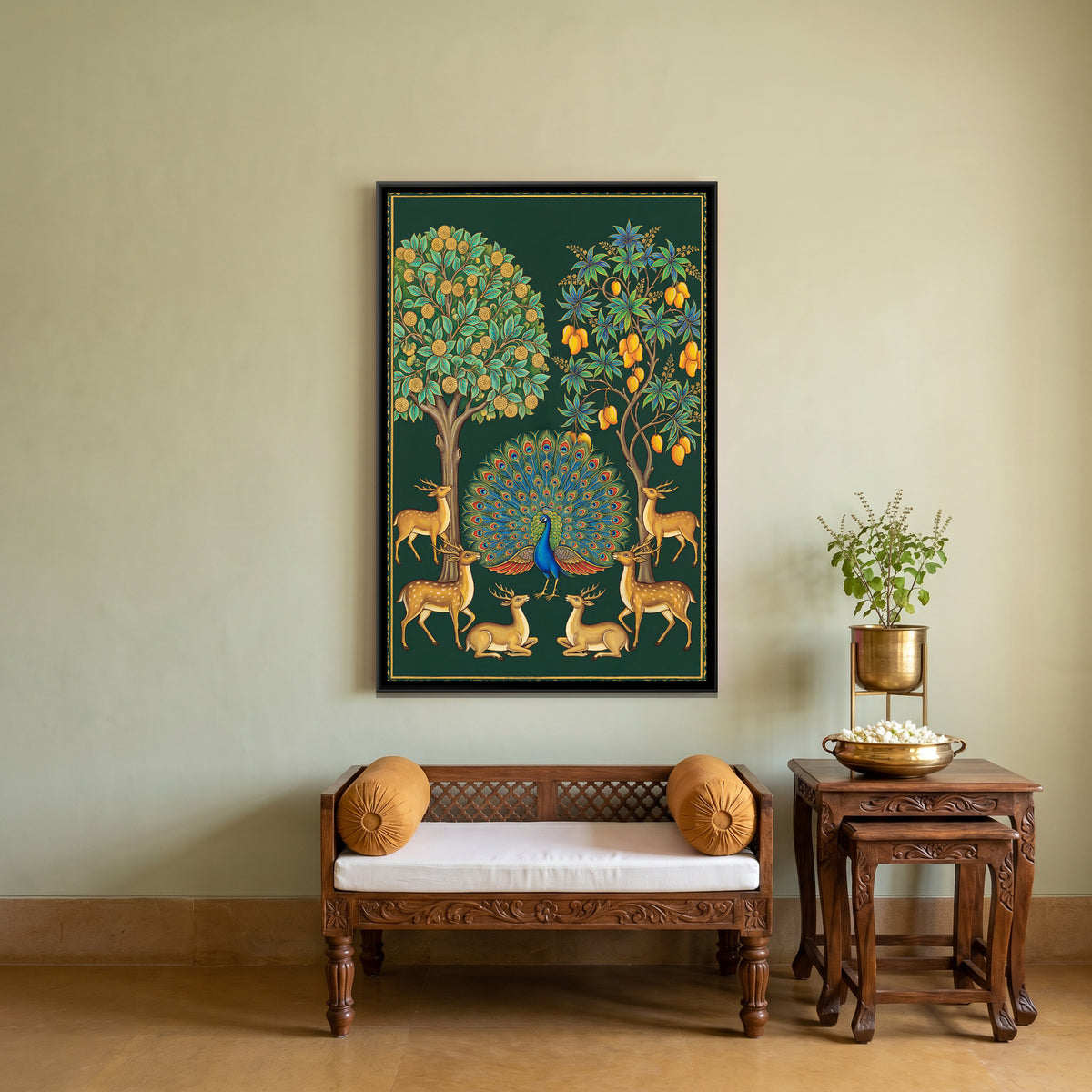 Pichwai Vrindavan Forest — canvas art shown in a second room setting
