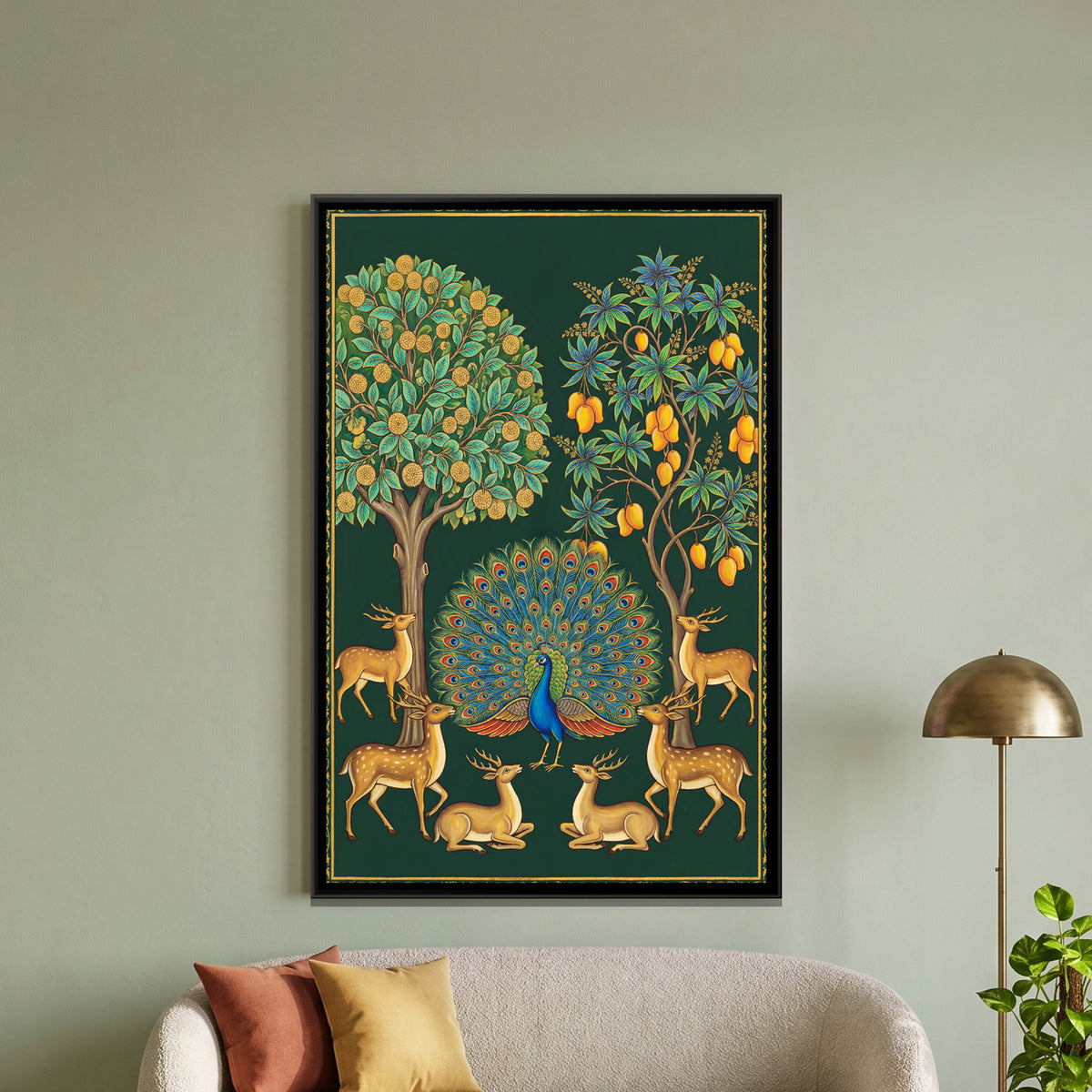 Pichwai Vrindavan Forest — framed canvas art hung on a wall