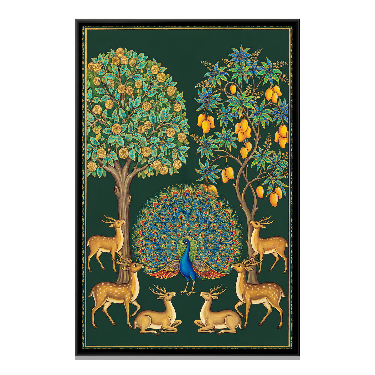 Pichwai Vrindavan Forest — framed canvas print, front view