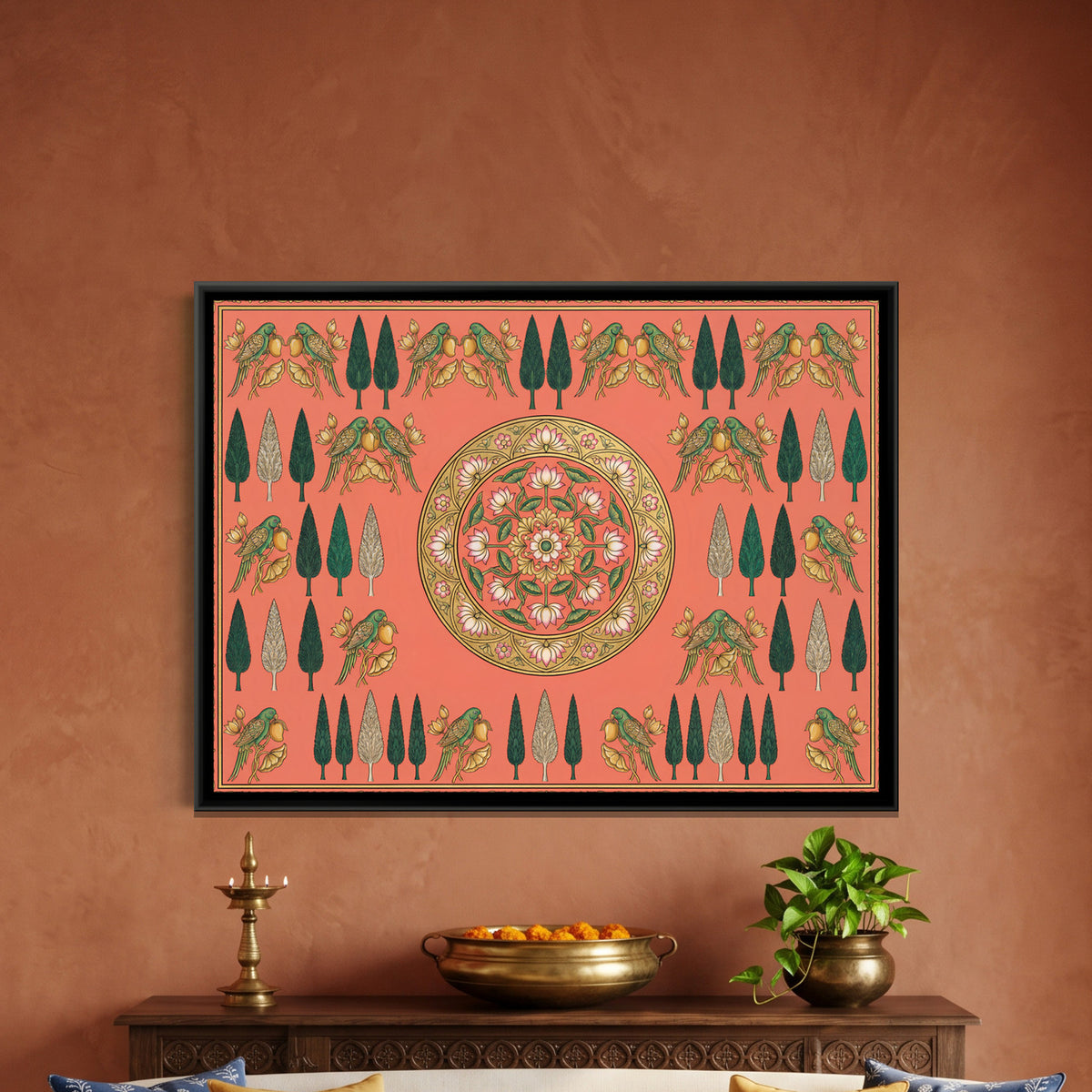 Pichwai Parrots — framed canvas art hung on a wall