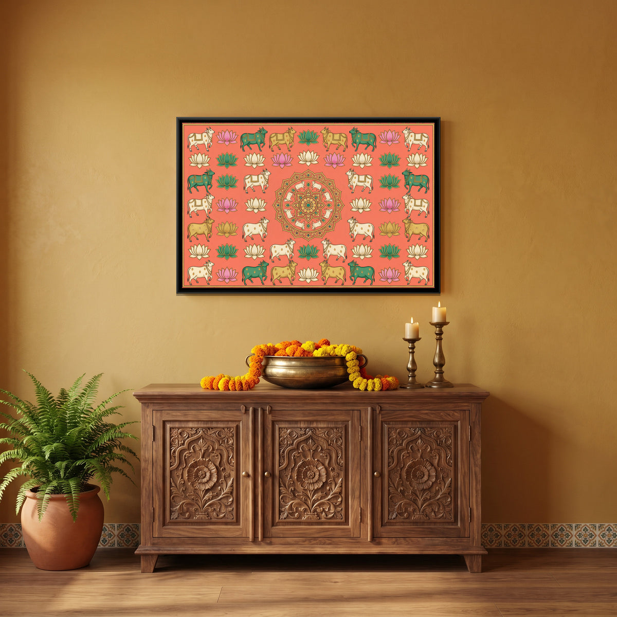 Pichwai Kamadhenu — canvas art shown in a styled room