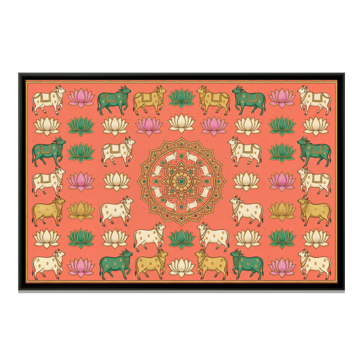 Pichwai Kamadhenu — framed canvas print, front view