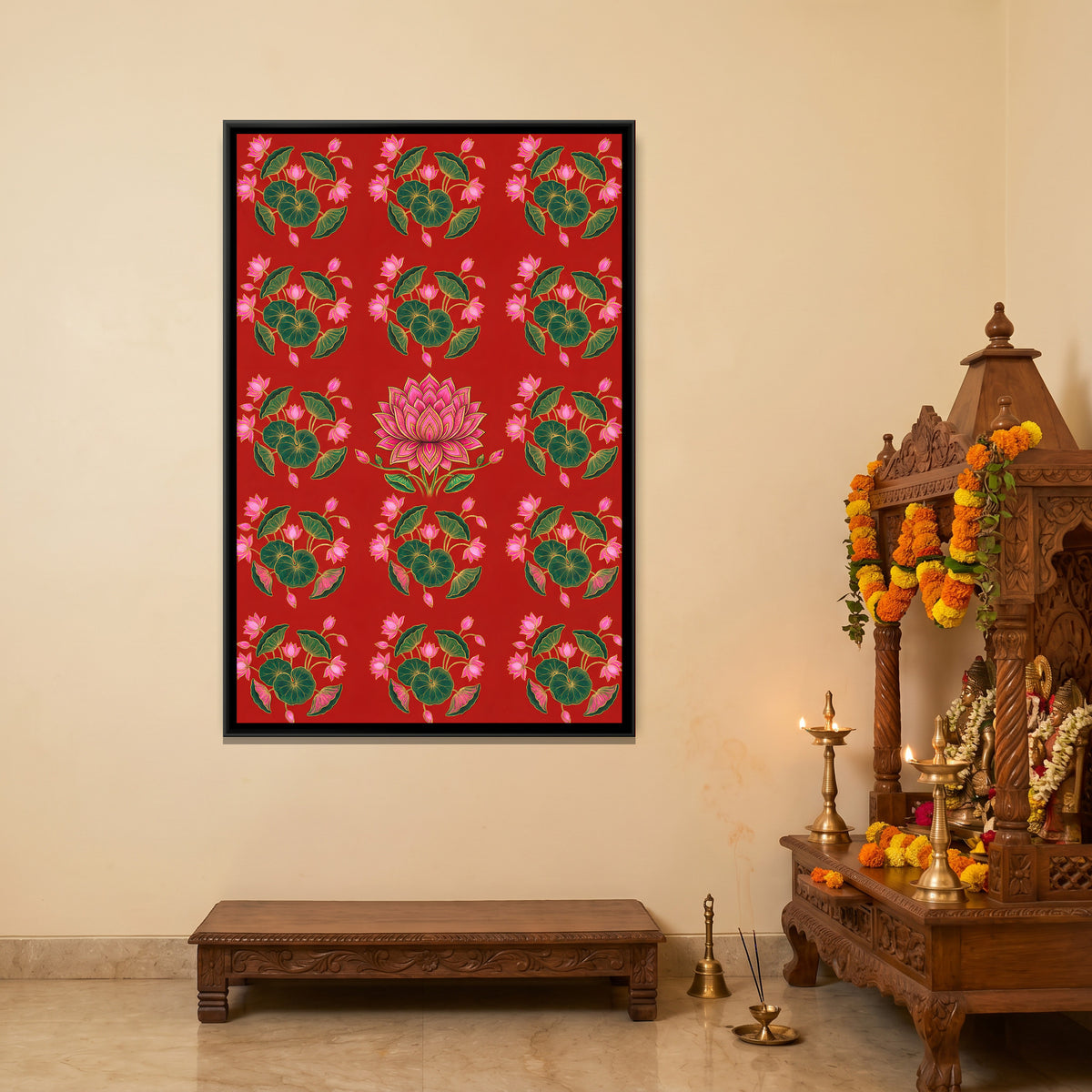 Pichwai Lotus Pads — canvas art shown in a second room setting