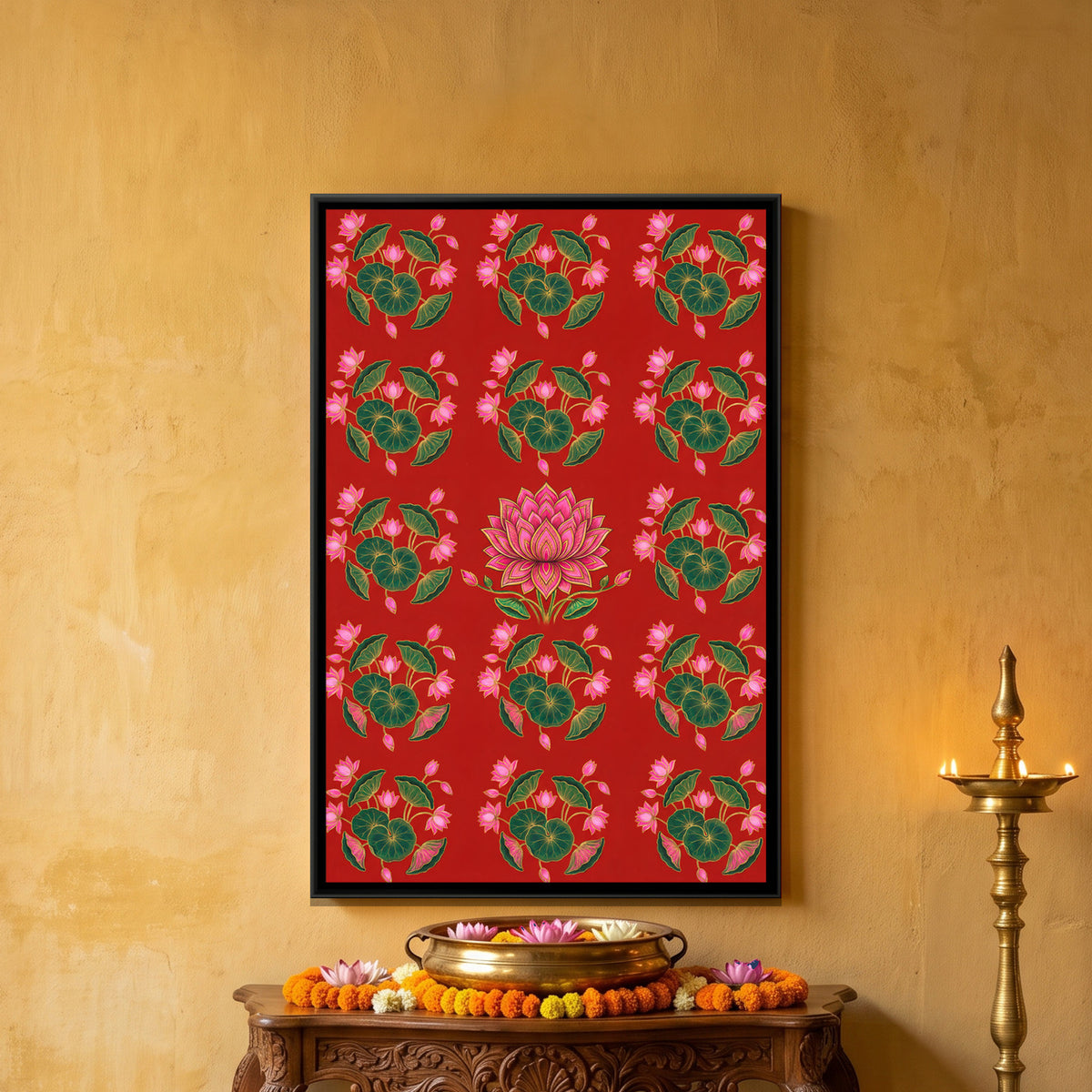 Pichwai Lotus Pads — framed canvas art hung on a wall