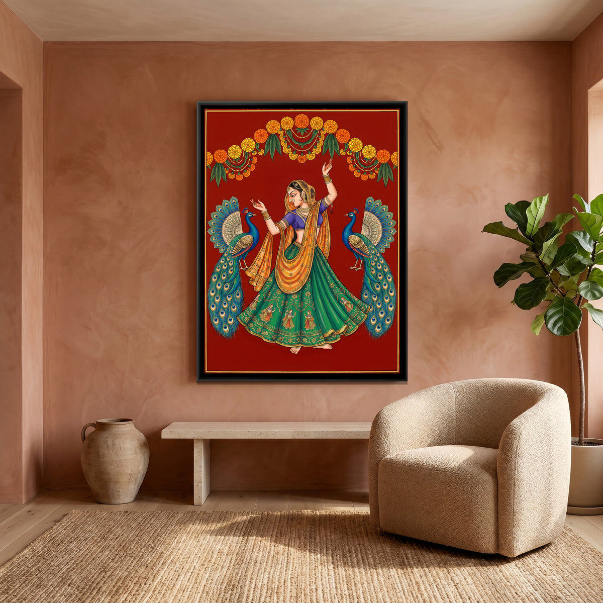 Pichwai Dancing Gopi — canvas art shown in a second room setting